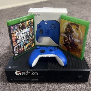 Brand New Xbox One, GTA V, MK11, Shock Blue Controller, All Cords w/o HDMI.